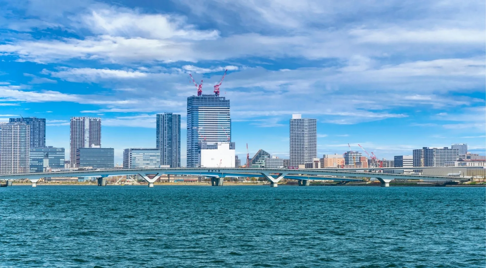 Toyosu waterfront skyline viewed from Tokyo Bay with the market bridge in the foreground