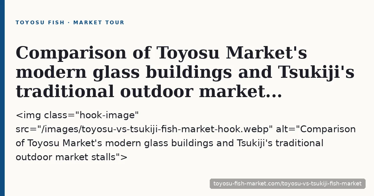 Comparison of Toyosu Market's modern glass buildings and Tsukiji's traditional outdoor market stalls